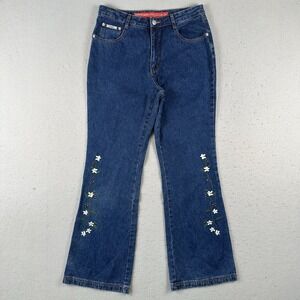 Vtg Y2K Revolt Flared Jeans Womens 13/14 Blue Denim Floral Embroidered High Rise